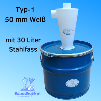 30 Liter Stahlfass Blau mit Zyklonabscheider Typ-1 Weiß für Staubsauger