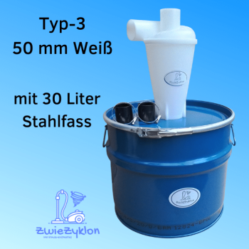 30 Liter Stahlfass Blau mit Zyklonabscheider Typ-3 Weiß für Staubsauger