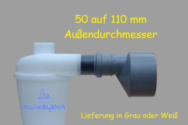 50 auf 110 mm (AußenØ) Reduzierung WEIß Adapter für Zyklonabscheider